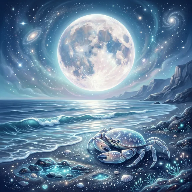 月亮巨蟹座 靜謐星空 夜晚海洋與宇宙螃蟹